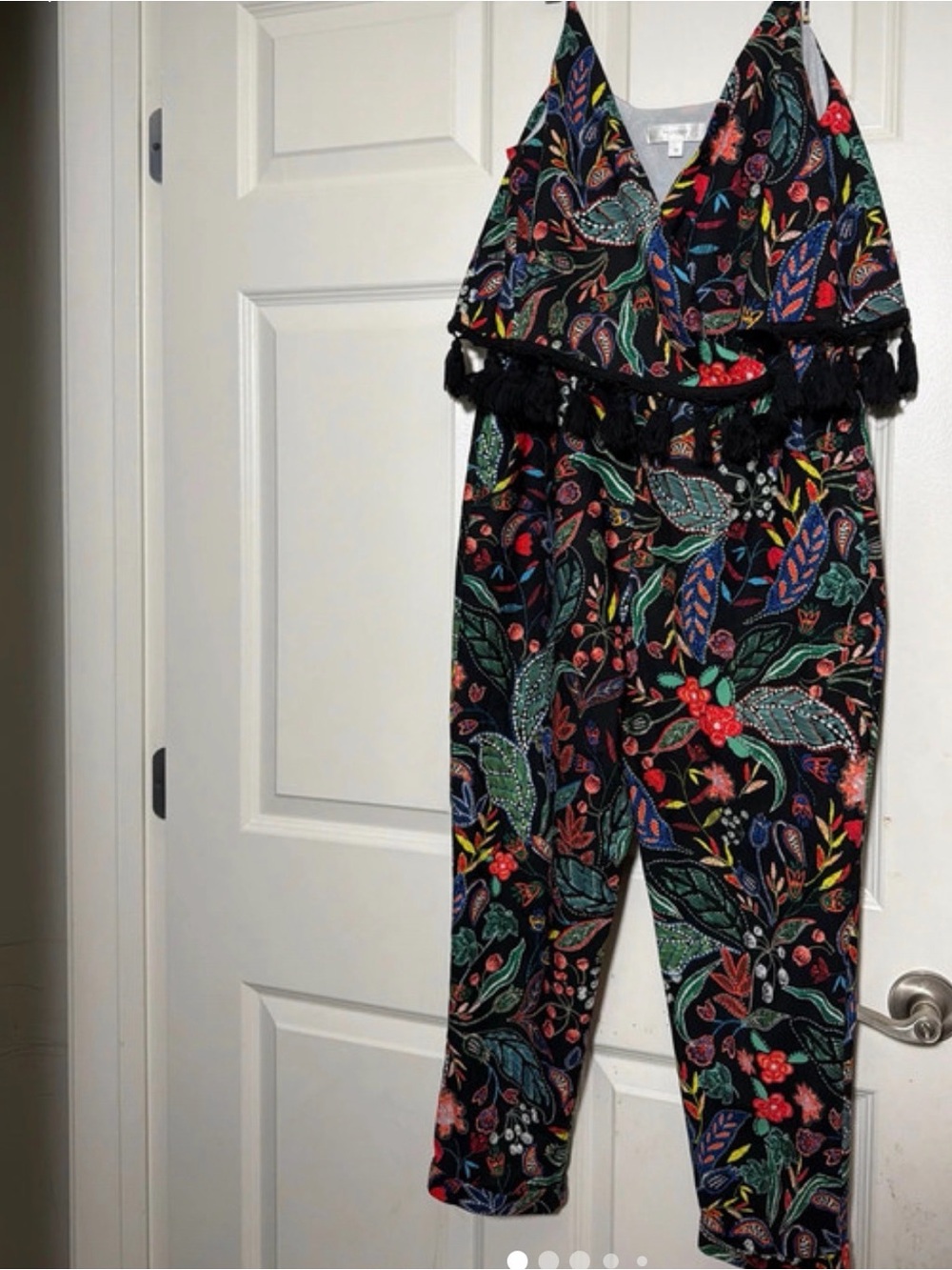 Black Floral V-Neck Tassel Waist Jumpsuit